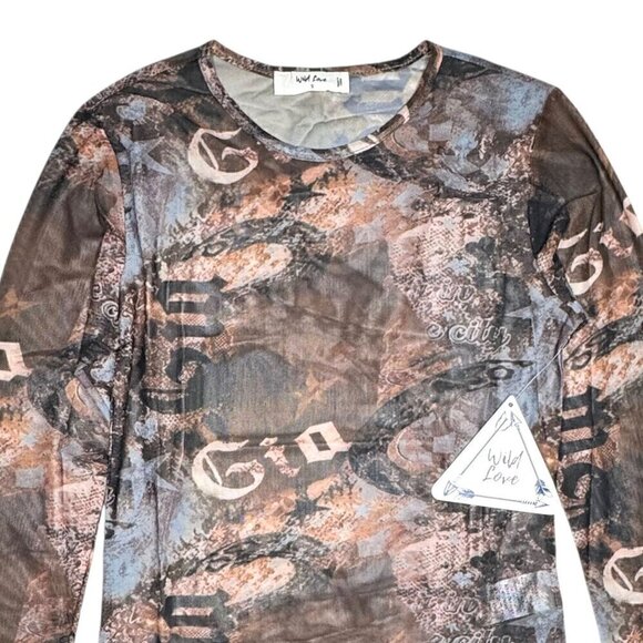 NWT Y2K 90s Sheer Mesh Cropped Top Sz.S Multi All-Over Print Fairy Grunge Goth - Picture 4 of 9